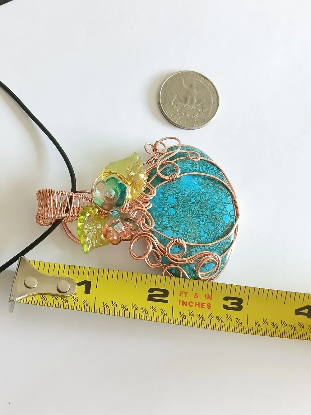 Blue turquoise copper wire wrapped pumpkin necklace with flowers new handmade